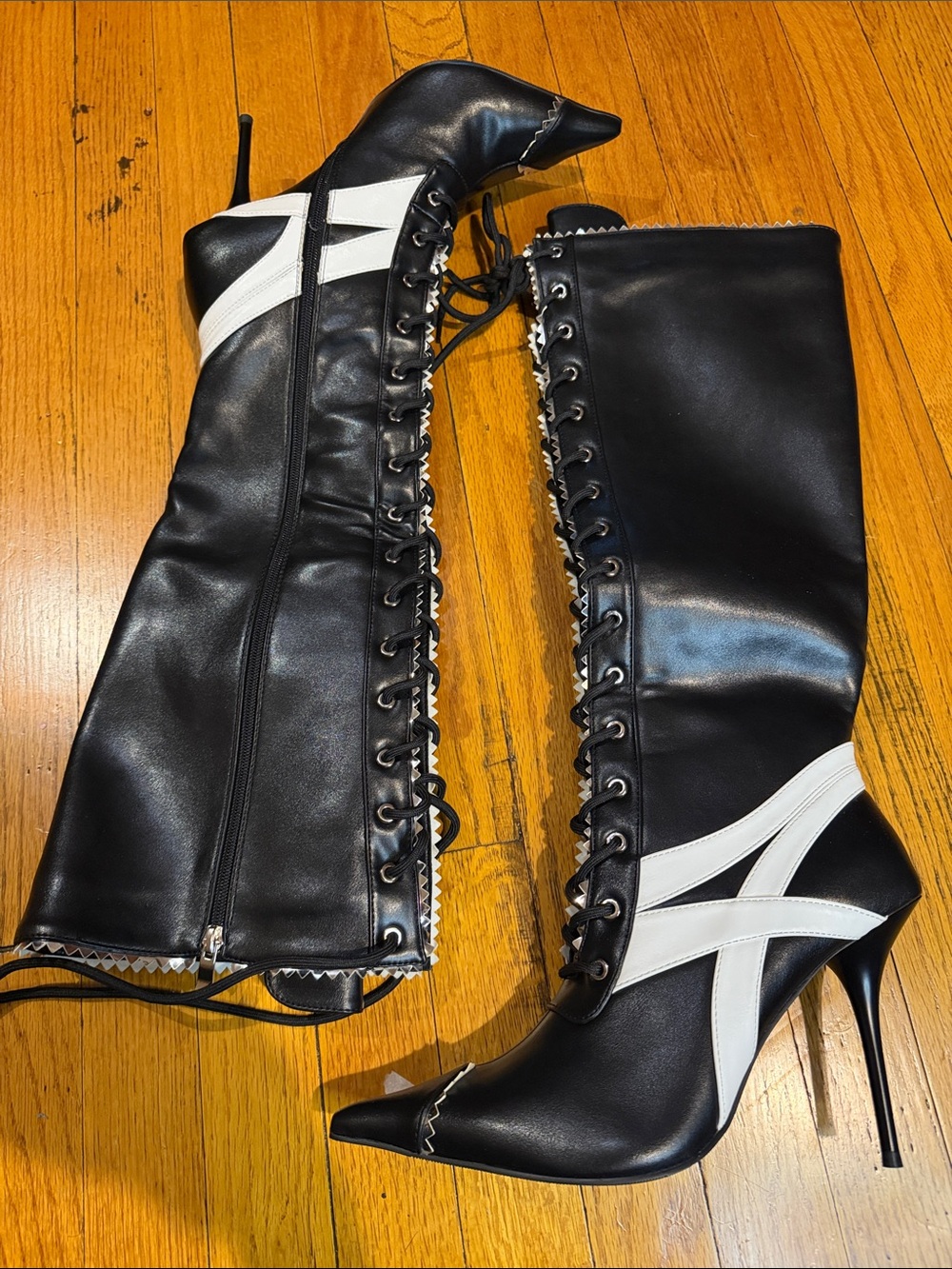 Black and White Lace-Up Stiletto Knee-High Boots